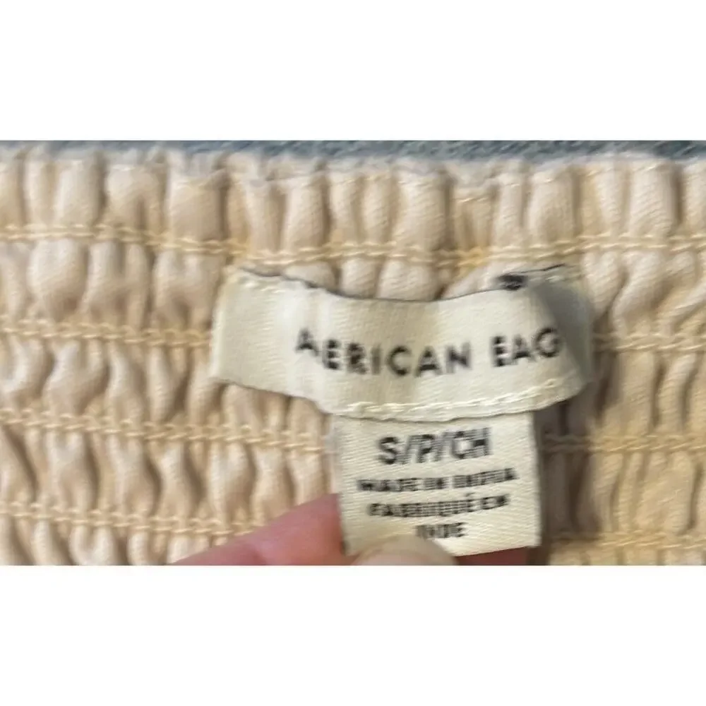 American Eagle Women Small Crop Top Beige Boho Crochet Crinkled Stretch